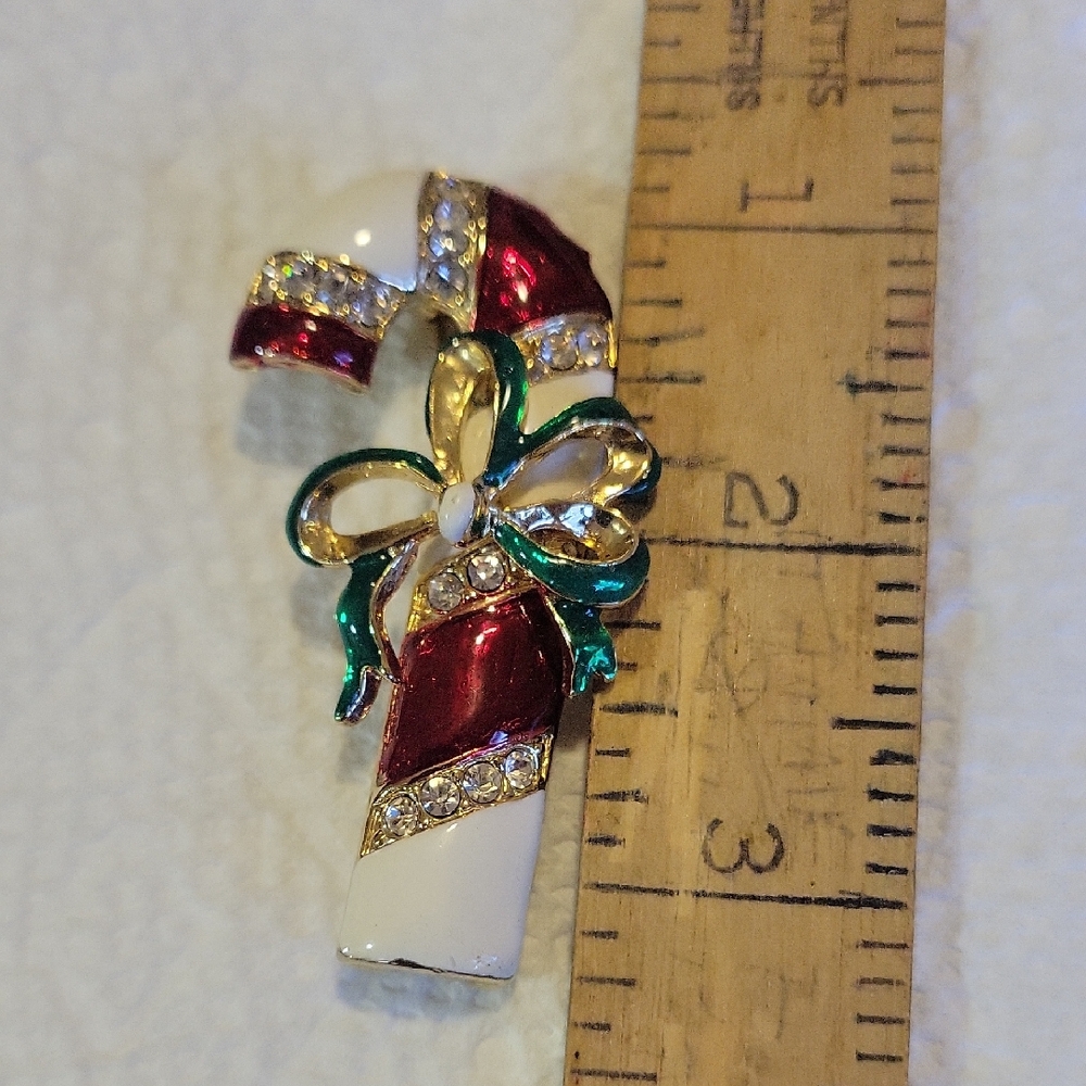 Festive Candy Cane Brooch with Rhinestones